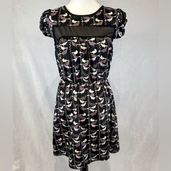 American Rag black and mauve sheer detail bird print dress size small - Picture 1 of 6